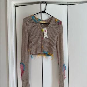 UO Cropped Beige Knit Cardigan with Colorful Stitch Accents